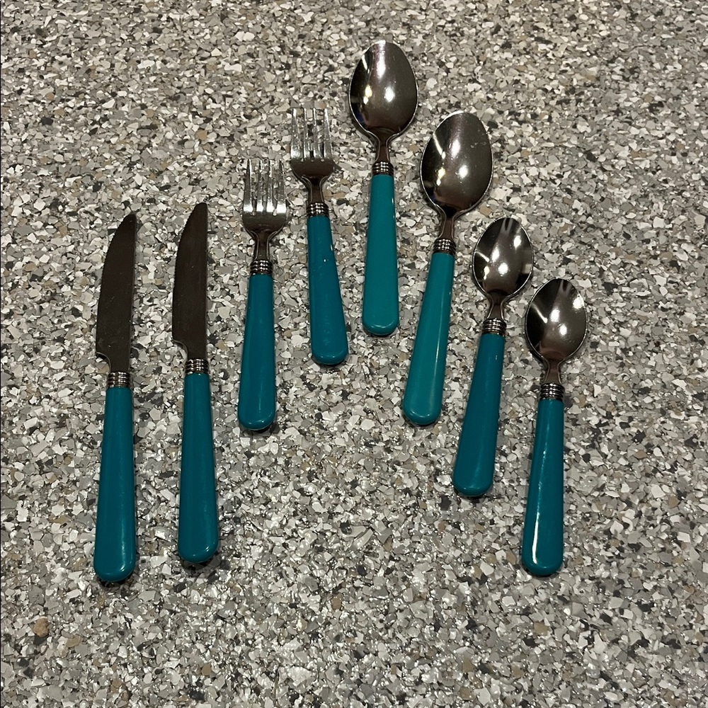 Unique Vintage Teal and Silver Cutlery Set